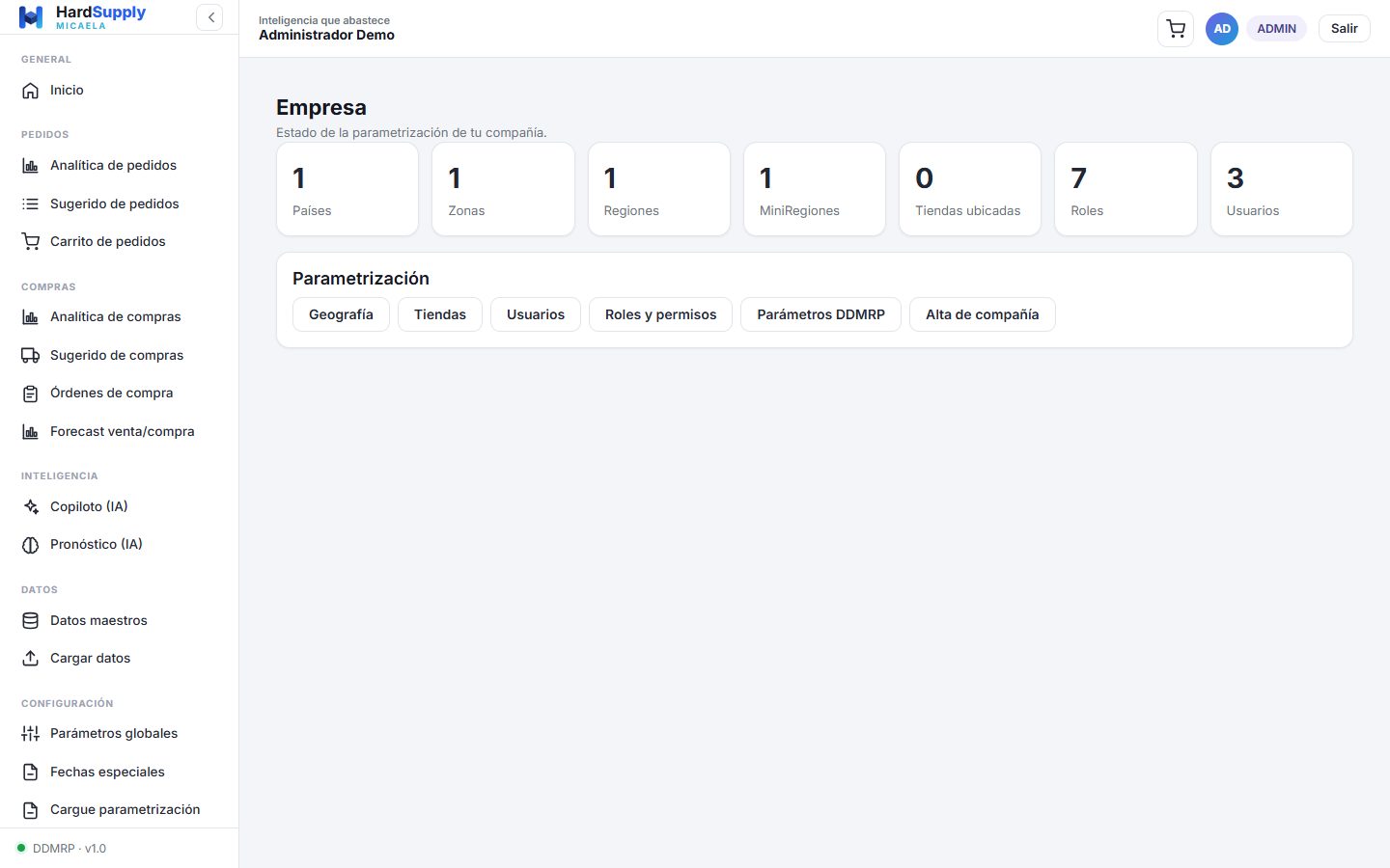 Resumen de parametrización de la compañía