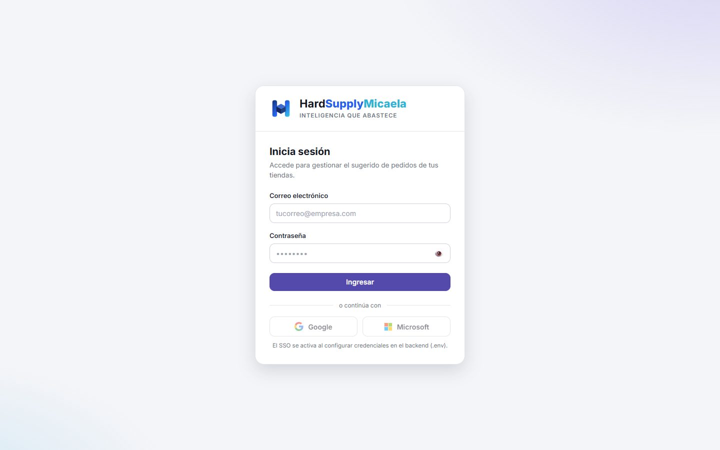 Pantalla de inicio de sesión de HardSupply Micaela
